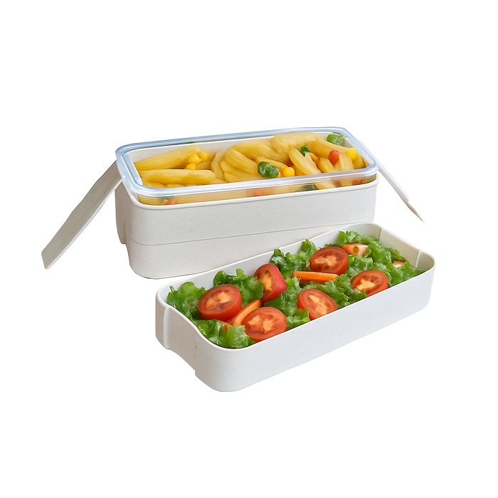 Scatola bento Huskly riutilizzabile su 3 livelli in materiale composito beige e coperchio in PP - 900 ml - 18,5 cm x 8 cm x 10,3 cm - 20 pezzi