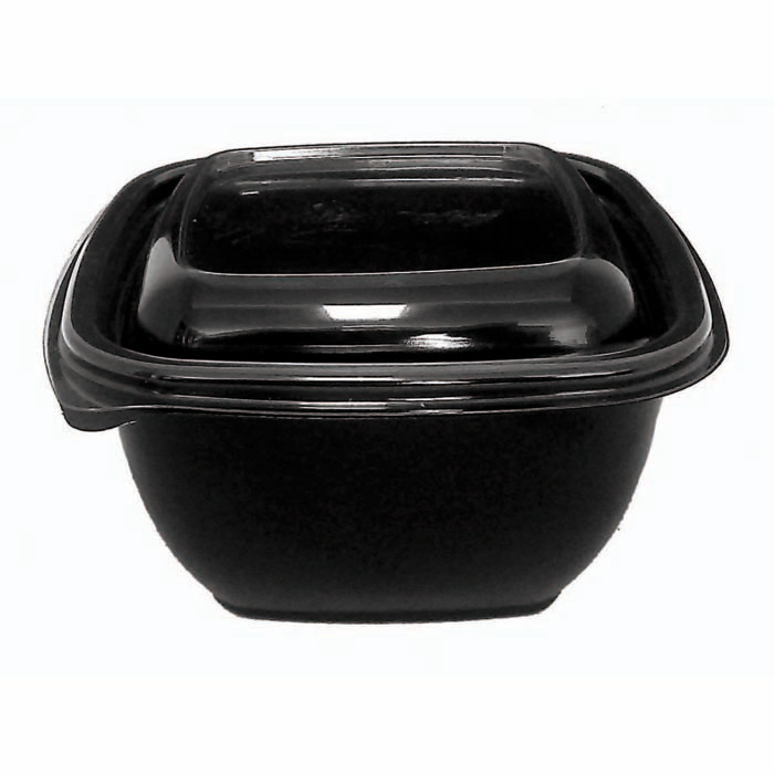 Insalatiere quadrate nere RPET con coperchio trasparente. 130x130mm H60mm 480ml