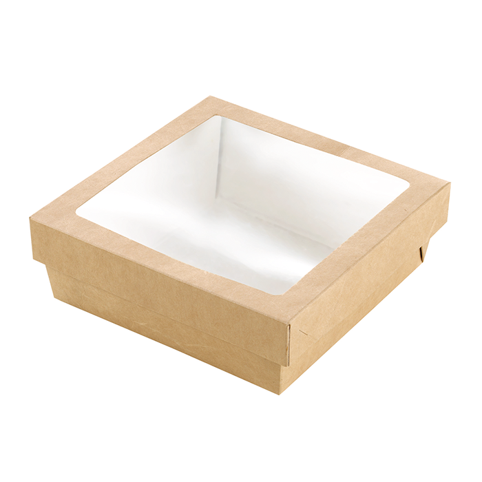 Scatola "Kray" in cartone kraft con coperchio a finestra in PLA 205x205mm H40mm 1300ml