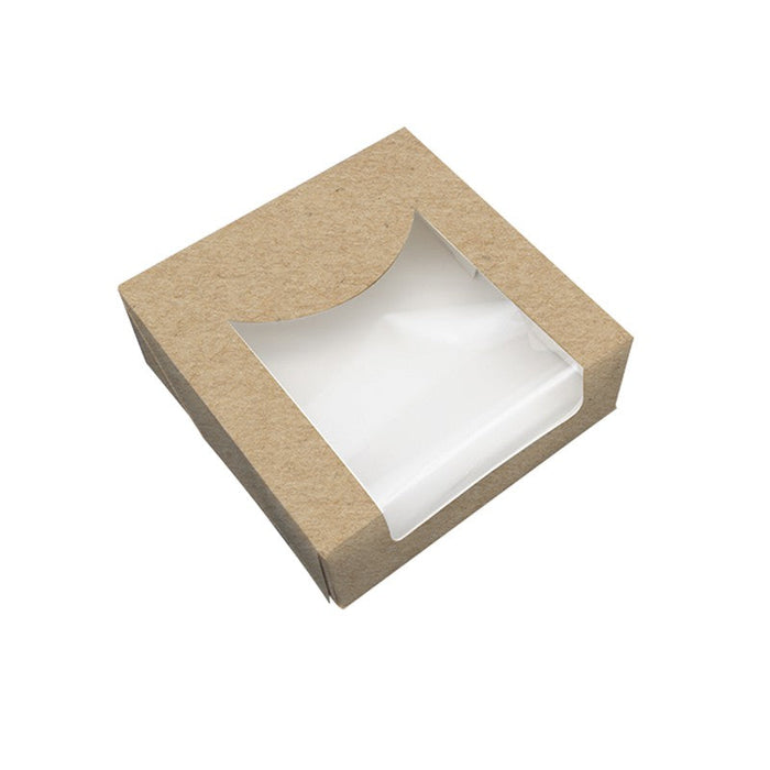 Caja pastelera kraft con tapa visagra con ventana de PLA 100x100mm A40mm - 50Uds