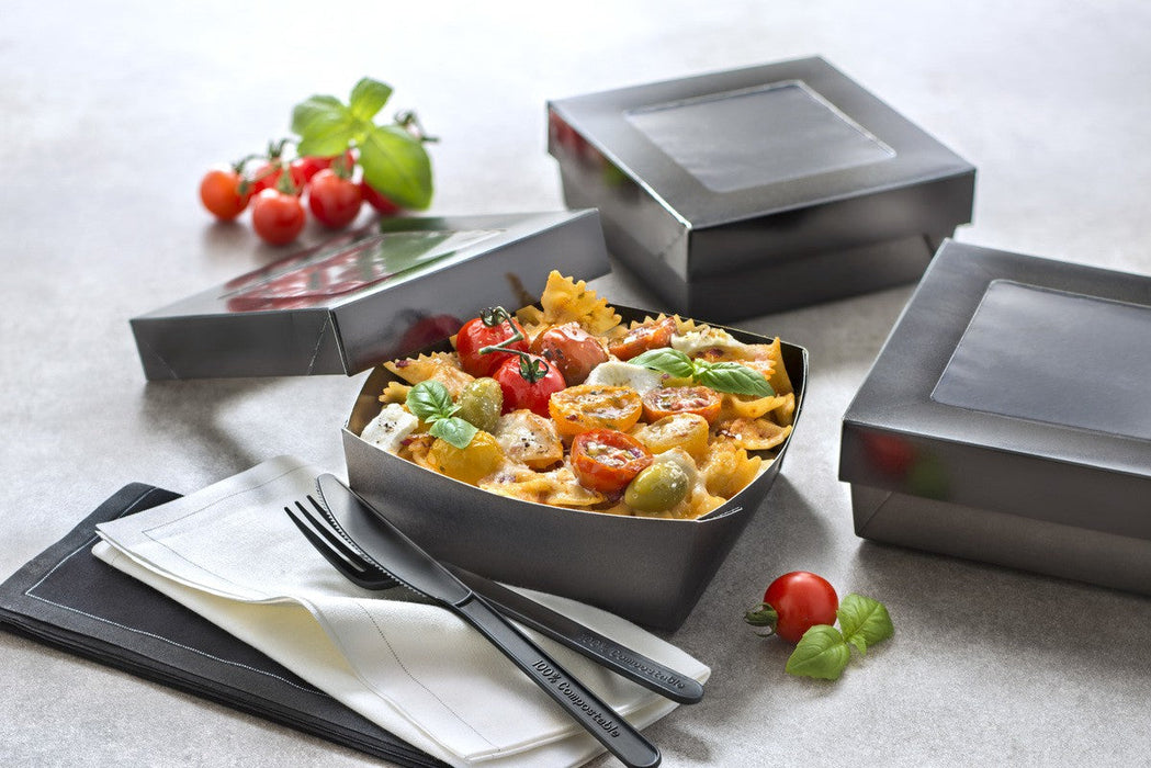 Scatola "Kray" in cartone nero con coperchio a finestra, per cottura in forno 135x135mm H50mm 700ml