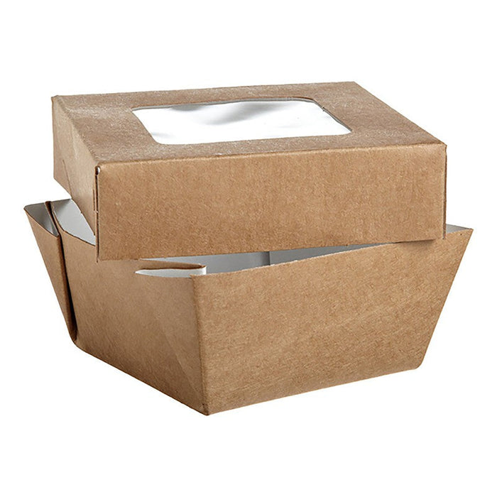Caja cuadrada de cartón marrón con tapa ventana KRAY 200ml 85x85mm A40mm - 25Uds