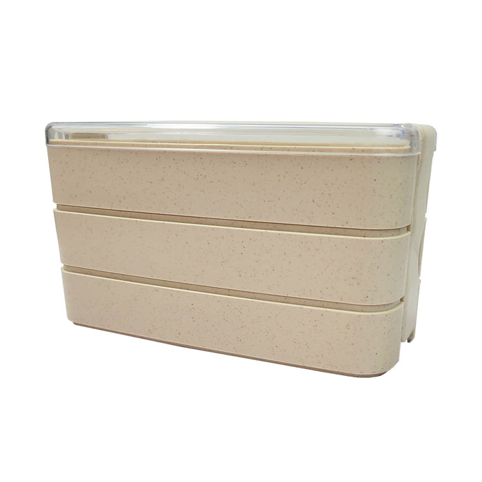 Scatola bento Huskly riutilizzabile su 3 livelli in materiale composito beige e coperchio in PP 185x80mm H103mm 900ml