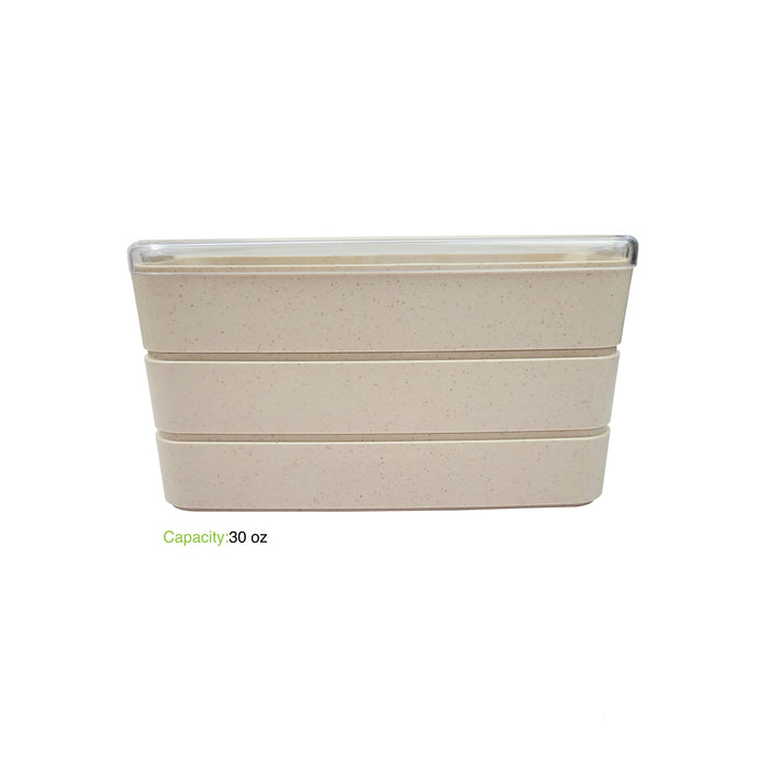 Scatola bento Huskly riutilizzabile su 3 livelli in materiale composito beige e coperchio in PP 185x80mm H103mm 900ml
